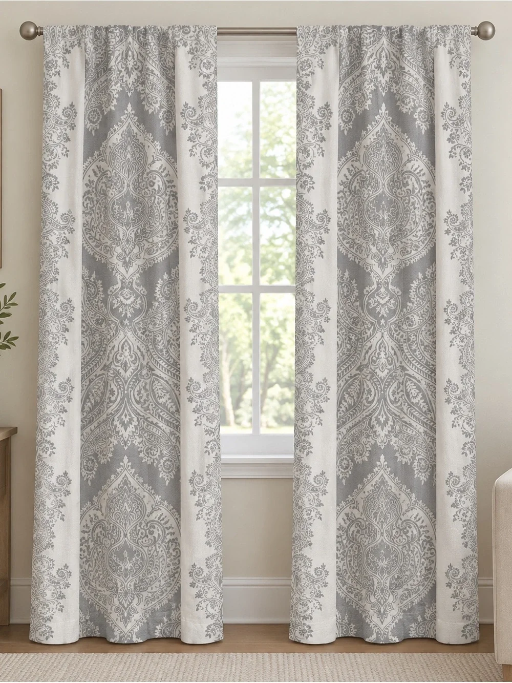 Envogue 2 Curtain Panels Gray White Paisley Damask Back Tab 49x91 Cotton Drapes